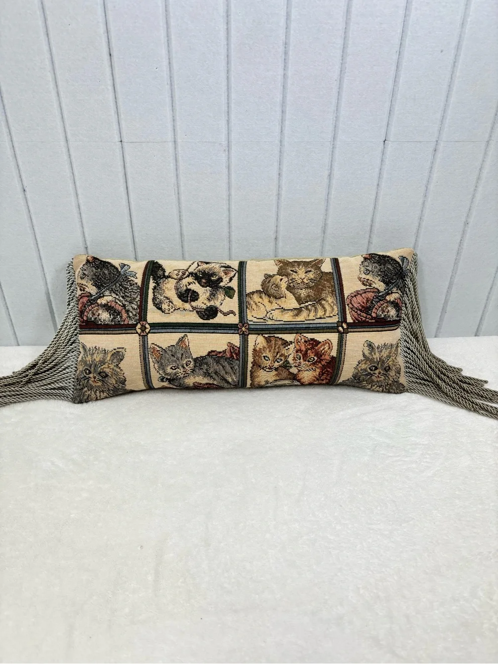 Vintage Tapestry  Kitten Bolster Pillow with Tassels